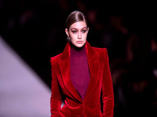 US model Gigi Hadid walks the runway during the Tom Ford fashion show at New York Fashion Week on February 6, 2019 in midtown Manhattan, New York City.