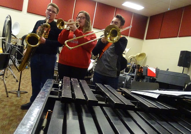 Members of the Bucyrus High School XBand who will compete in the finals of the Tri-C High School Rock Off competition at the Rock and Roll Hall of Fame on Feb. 16 include, from left, Andrew Mee, Arledia Hinkle and Jaden Deskins, all seniors. The Xband has 19 musicians.