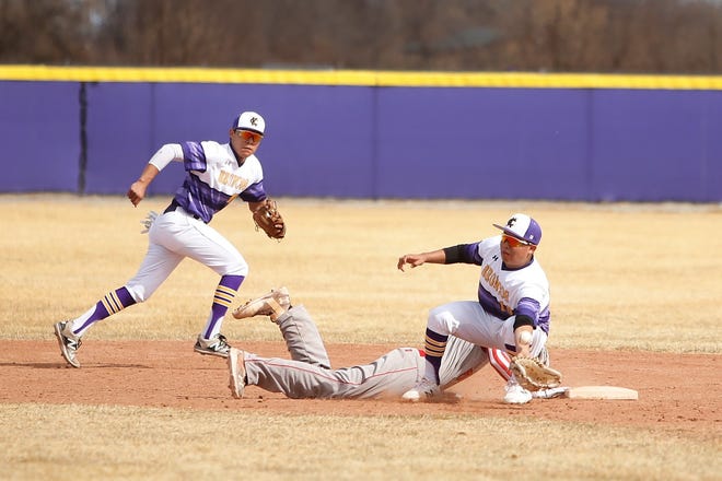 Kirtland Central's Dionte Yazzie (10) keeps the ball from flying past second base against Grants on Tuesday, March 13, 2018 at KCHS. The Broncos will open the 2019 season on March 7 at the Bloomfield Tournament.