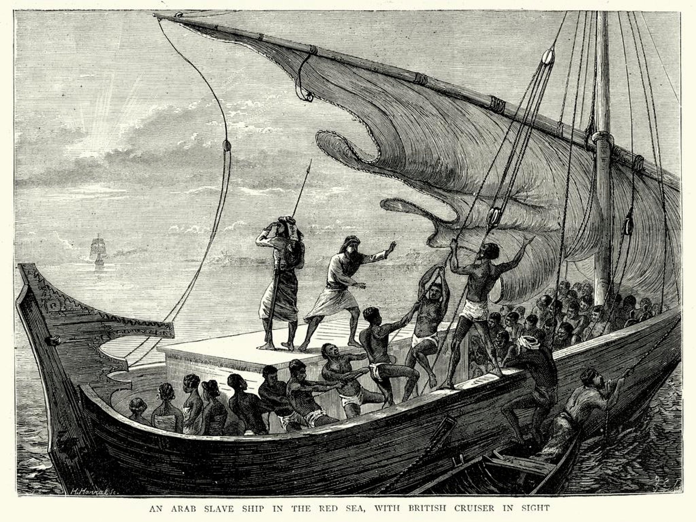 Although the transatlantic slave trade is most familiar to Americans, enslaved Africans were also taken to the Middle East and Asia. This illustration from 1874 shows an Arab slave ship fleeing a British cruiser in the Red Sea.