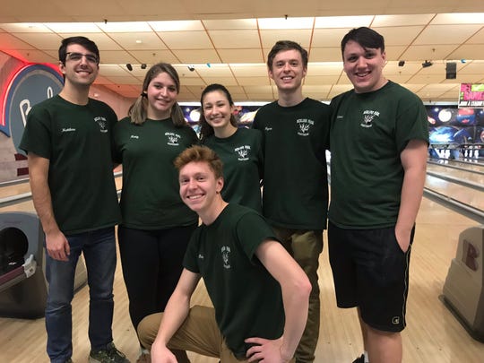The Midland Park bowling team booked its first trip to the state finals by finishing second in Group 1 at the North 1A sectional on Saturday, Feb. 9, 2019. Standing, from left: Mattew Canellas, Katy Hartmann, Adrianna Kearney, Ryan Gibbons and Connor Mazzrillo. Kneeling: Tim Meima.