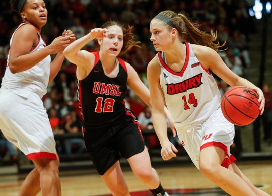 Paige Robinson, of Drury, drives to the net during the Lady Panthers' 77-44 win over the University of Missouri St. Louis Tritons during the Overflow the O game at the O'Reilly Family Event Center on Saturday, Feb. 9, 2019.