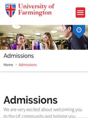 Admissions section of the website of the University of Farmington, a fake university created by ICE and Dept. of Homeland Security. It reads: "We are very excited about welcoming you to the UF community and helping you"