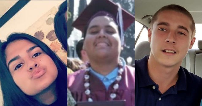 From left: Yuliana Garcia, 17; Juan Duarte Raya, 18; and Jacob Montgomery, 19, were three of the four victims of a 2019 shooting in Palm Springs. A photo of the fourth, Carlos Campos Rivera, was not available.