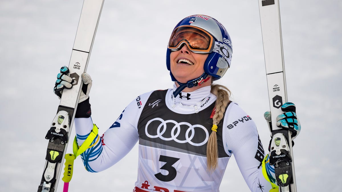 Lindsey Vonn reacts in the finish area during the women's downhill race at the FIS Alpine Skiing World Championships in Are, Sweden.