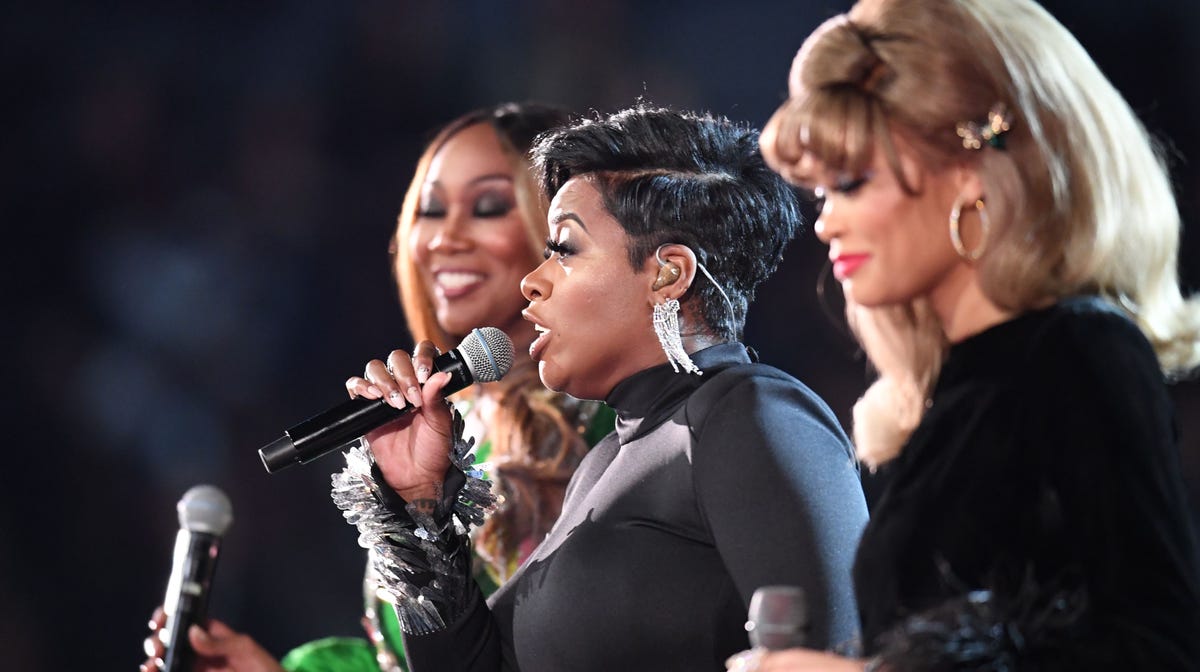 From right: Andra Day, Fantasia and Yolanda Adams perform an Aretha Franklin tribute during the 61st Grammy Awards on Feb. 10, 2019, in Los Angeles.