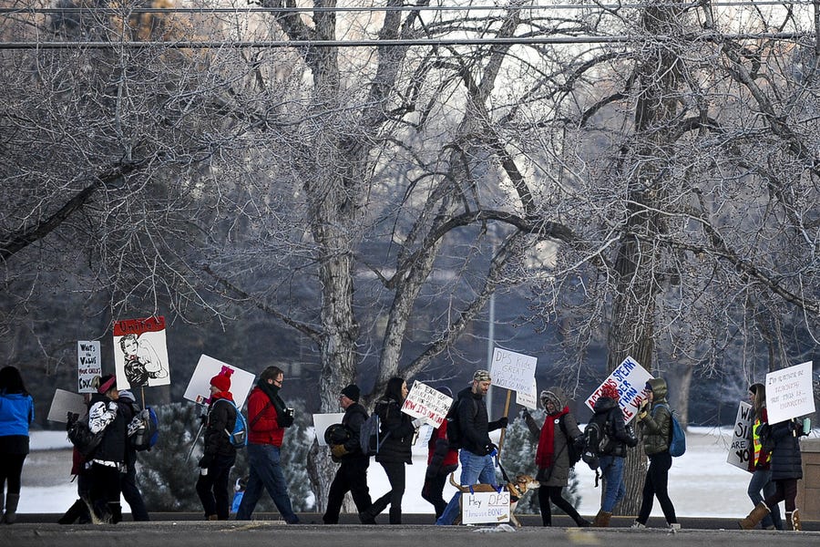 Denver Public Schools teachers and members of the community picket outside South High School on Feb. 11.
