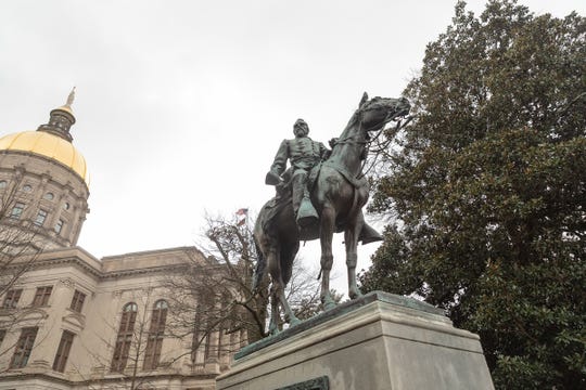 A statute of Confederate Gen. John Brown Gordon guards the Georgia Capitol.
