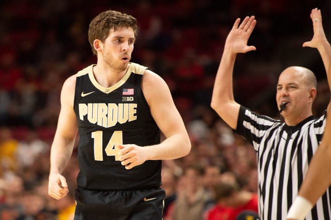 Feb 12, 2019; College Park, MD, USA; Purdue Boilermakers guard Ryan Cline (14) reacts after making a three point shot during the first half against the Maryland Terrapins at XFINITY Center. Mandatory Credit: Tommy Gilligan-USA TODAY Sports