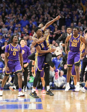 Feb 12, 2019; Lexington, KY, USA; LSU Tigers players celebrates in the game against the Kentucky Wildcats in the second half at Rupp Arena. Mandatory Credit: Mark Zerof-USA TODAY Sports