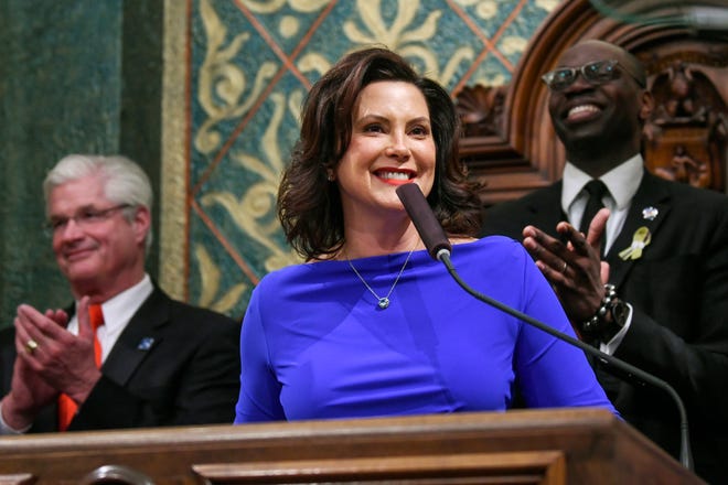 Michigan Gov. Gretchen Whitmer delivers her State of the State address on Tuesday, Feb. 12, 2019, at the Michigan State Capitol in Lansing.