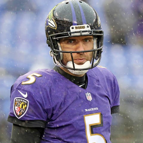Baltimore Ravens quarterback Joe Flacco (5) warms...