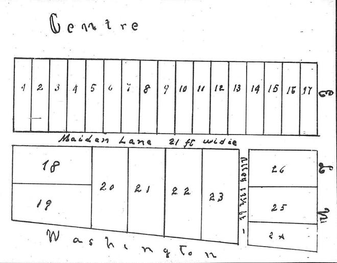 This plat of of a subdivision in Central Park was created in 1865 to further the sale of lots by the city of Henderson Sept. 9 of that year. Note the street called "Maiden Lane" that bisects the park east to west. The city sued in 1868 to collect some of the money owed but the lawsuit backfired --  the court ruled the 1865 deeds were null and void.