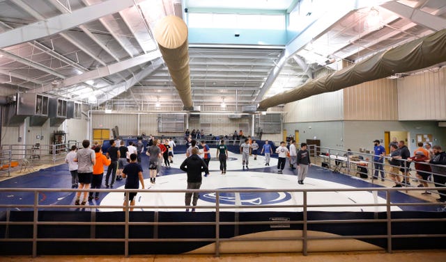 Blackman wrestling holds practice in the Lane Agri-Park Livestock barn on Wednesday, Feb. 13, 2019 as wrestling teams from Eagleville and Bartlett High Schools also practice with them.