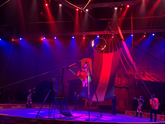 Shrine Circus performers celebrate the grand expansion of the Suburban Collection Showplace in Novi on Feb. 13, 2019.