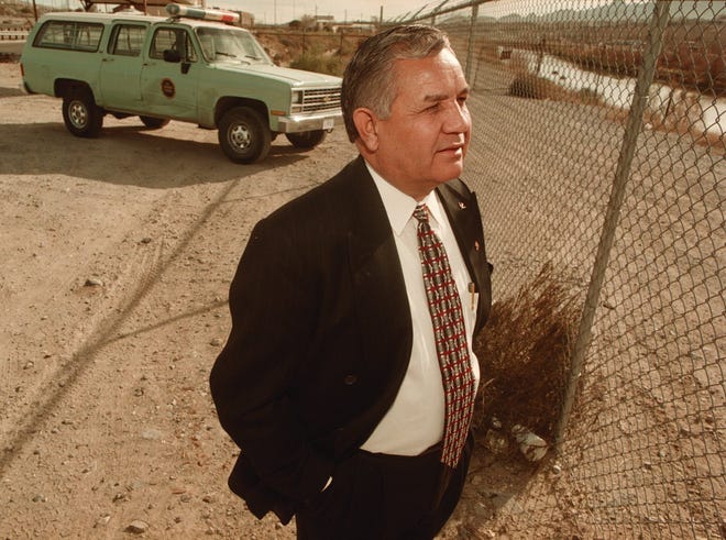June 24, 1998: Silvestre Reyes rode his Operation Hold the Line all the way to the House of Representatives in Washington, D.C. He is seen here along the fence at Roadside Park.