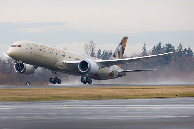 Etihad's first Boeing 787-9 is delivered from Seattle on January 3, 2015.