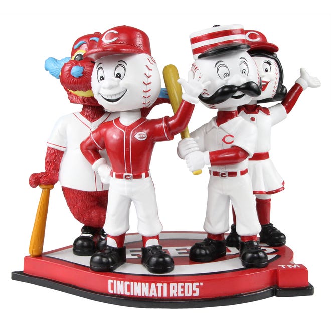 This quadruple bobblehead features the Reds four official mascots, Mr. Redlegs, Mr. Red, Gapper and Rosie Red all on one base. It was produced exclusively for the National Bobblehead Hall of Fame and Museum by FOCO.