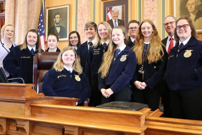 Rep. John Landon, R-Ankeny, welcomed members of the Des Moines FFA to the Iowa House of Representatives.  They were visiting the Capitol to talk with legislators during FFA Day on the Hill.