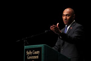 Shelby County Mayor Lee Harris during his State of the County address at the Halloran Centre on Friday, Feb. 15, 2019. 