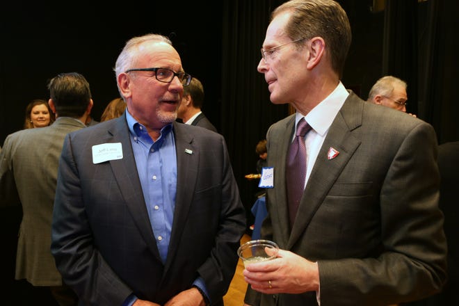 Jeff Lang, United Way of Delaware County's 2018 campaign chairman, and Ball State University President Geoffrey S. Mearns