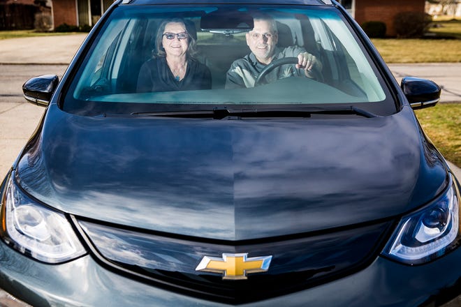 Muncie locals Rick and Kelly Morris switched to driving an all-electric Chevy Bolt after exclusively driving gas fueled vehicles. Rick said the car charges to "full tank" in about nine hours and had the option of a third-tier charger upgrade that would fully charge the vehicle in one hour. 