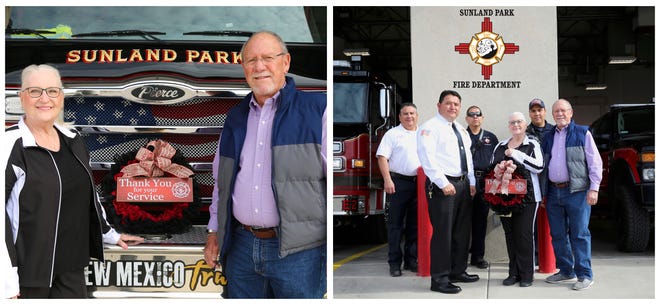 On the left, Lanna and Ken Posey, President of the Edgeomont Homeowners Association. On the right, Battalion Chief, Ramiro Rios, Fire Chief, Andres Burciaga, Lt. Freddy Marquez, Lanna Posey, Driver/Operator, Franciso Diaz and Ken Posey, HOA President.