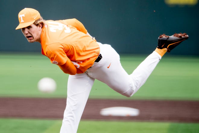 Tennessee pitcher Garrett Crochet (34) pitches during a Tennessee baseball home opener game against Appalachian State at Lindsey Nelson Stadium in Knoxville, Tennessee on Saturday, February 16, 2019.