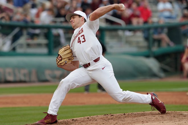 Florida State Seminoles left handed pitcher/Outfielder Drew Parrish (43) pitches the ball as the Florida State Seminoles host the Maine Black Bears in the 2019 season opener game, Friday Feb. 15, 2019.