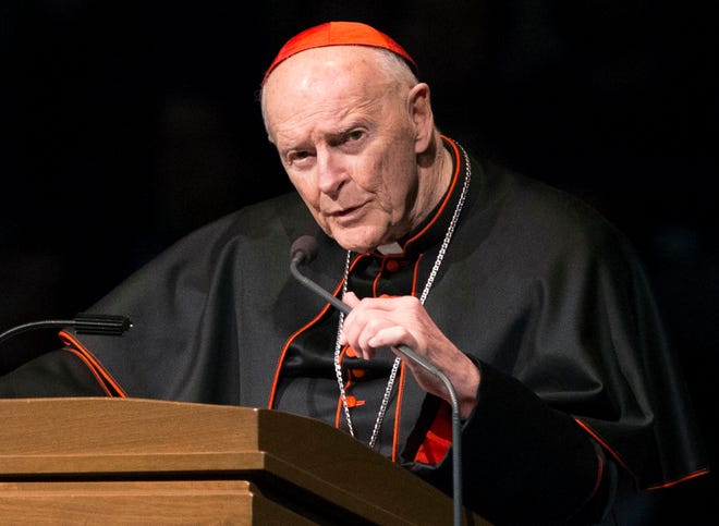 Former Cardinal Theodore McCarrick is pictured speaking during a memorial service in South Bend, Indiana.