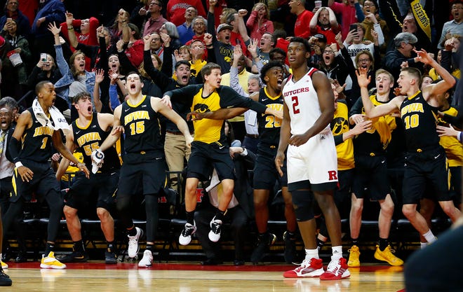 Feb 16, 2019; Piscataway, NJ, USA; Rutgers Scarlet Knights center Shaquille Doorson (2) reacts after Iowa Hawkeyes guard Joe Wieskamp (10) made the game-winning basket during the second half at Rutgers Athletic Center (RAC). The Iowa Hawkeyes defeated the Rutgers Scarlet Knights 71-69.