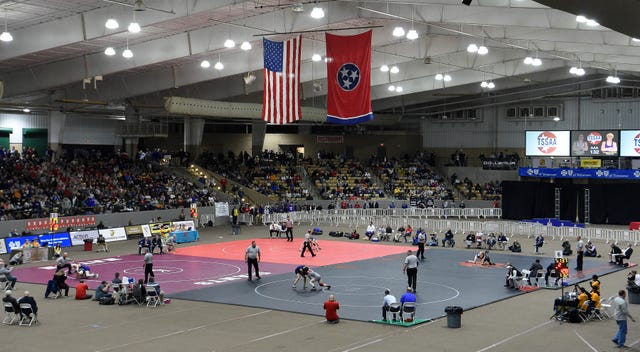 Wrestlers compete during the TSSAA 2019 Wrestling State Championships at the Williamson County Ag Expo Park Saturday, Feb. 16, 2019 in Franklin, Tenn.