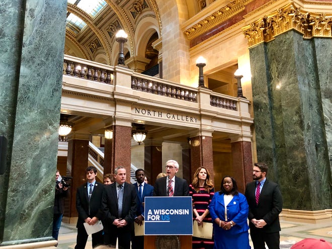 Gov. Tony Evers, speaking at the Wisconsin State Capitol last week, is expected to announce his higher education budget on Thursday.