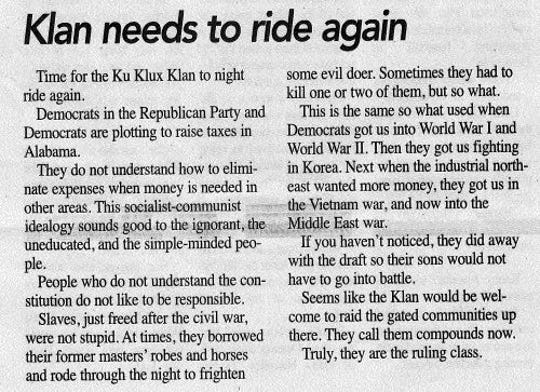 The editor and publisher of a small-town Alabama newspaper last week called for the resurgence of the Ku Klux Klan to "clean up D.C."