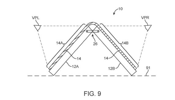 A drawing of Apple's flexible design patent shows a device folded like a pyramid.