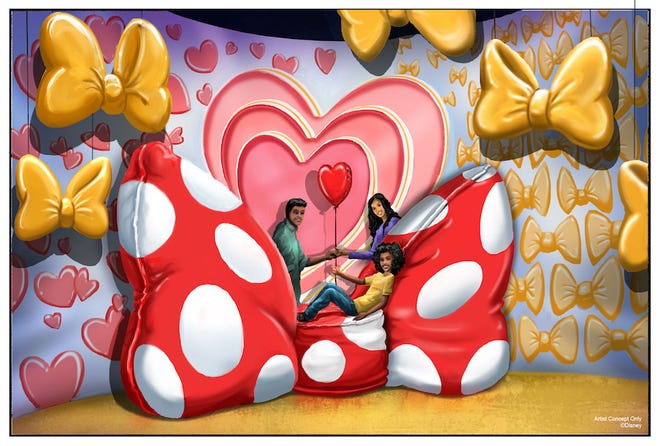 Visitors to Pop-Up-Disney! A Mickey Celebration will encounter rooms and displays created for photo opps. One display features an overstuffed Minnie Mouse bow tie large enough on which to pose.