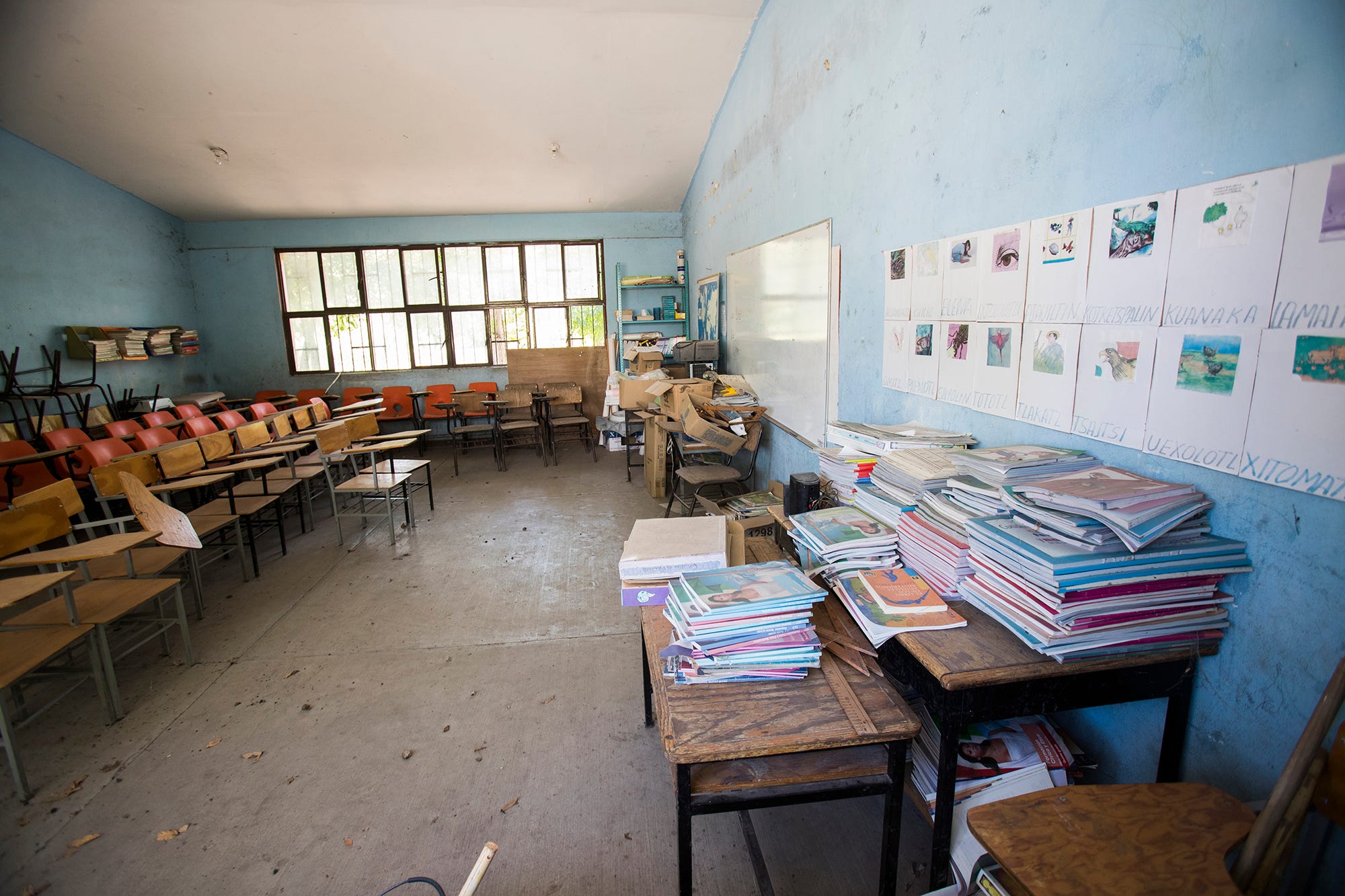 A classroom in Quetzalcoatlán de las Palmas remains empty. The teacher seldom visits after violence ravaged the community in 2016.
