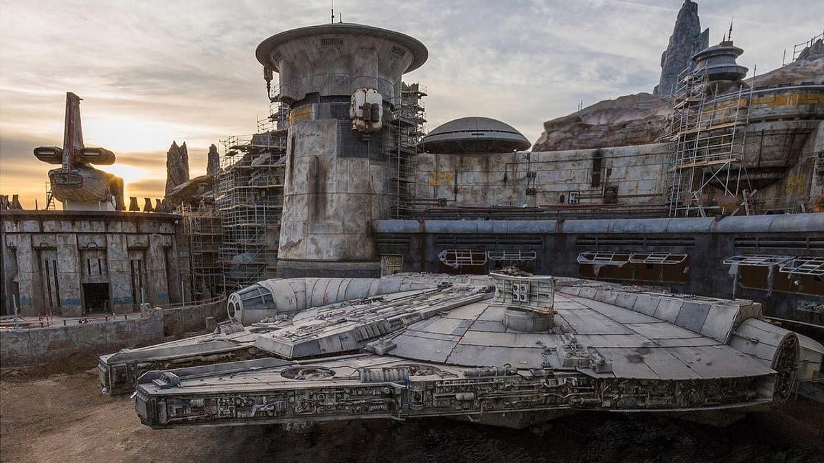 The Millennium Falcon is parked inside Star Wars: Galaxy's Edge, scheduled to open in June at Disneyland.