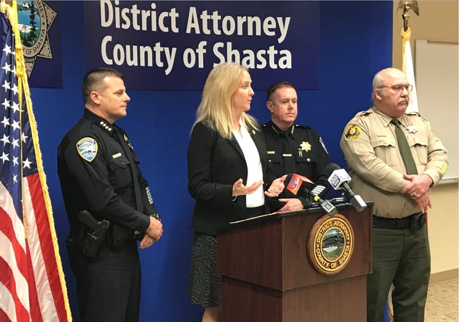 File photo - Shasta County District Attorney Stephanie Bridgett, second from left, in February 2019 announces a new push to put repeat offenders behind bars. Bridgett explained the program alongside now-retired Redding Police Chief Roger Moore, from left, Sheriff Michael Johnson, who at the time was the Anderson police chief, and now-retired Sheriff Tom Bosenko.