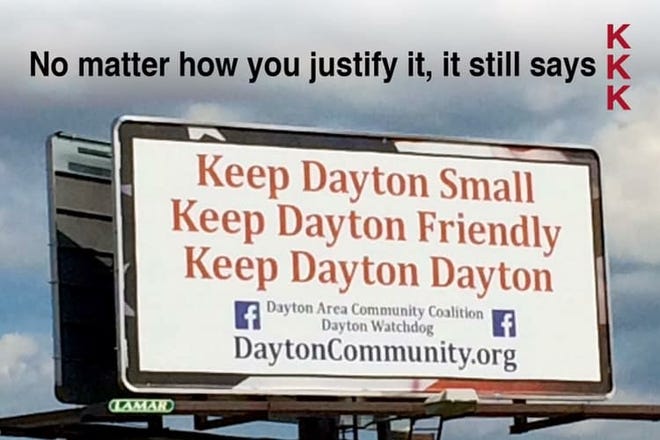 These postcards, created recently by Lafayette resident Brian Dilkes, suggest the Dayton Area Community Coalition should remake its billboard on Indiana 38, near Interstate 65, so it doesn't include "KKK" lineup of first letters on the "Keep Dayton Small" campaign. Dayton residents this week considered the suggestion an accusation that "Keep Dayton Small" was somehow tied to the white supremacist group.