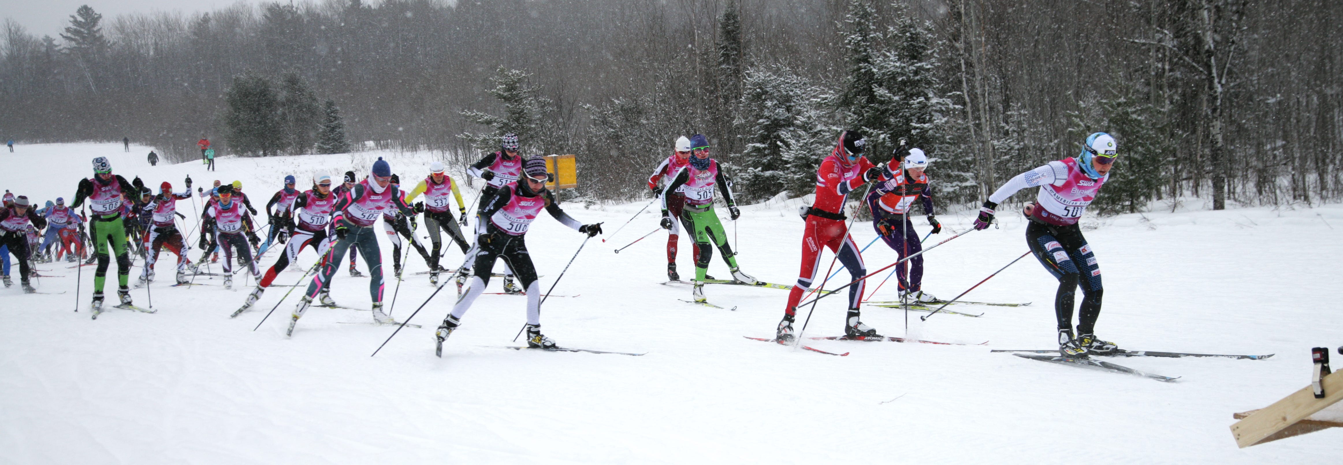 Holly Brooks, right, leads a group of skiers early in the women's division of the American Birkebeiner cross-country ski race on Feb. 21, 2015, in Cable. Brooks won the race.