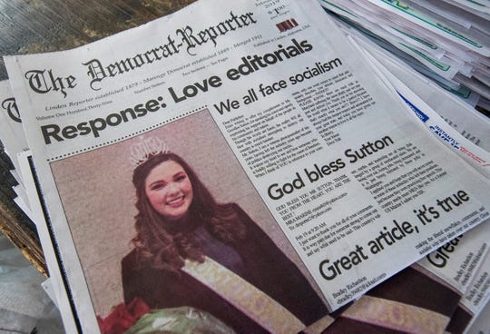 Goodloe Sutton, publisher of the Democrat-Reporter newspaper, used the front page of his paper to publish positive responses to his controversial editorial in the paper, shown at the newspaper office in Linden, Ala., on Thursday February 21, 2019.
