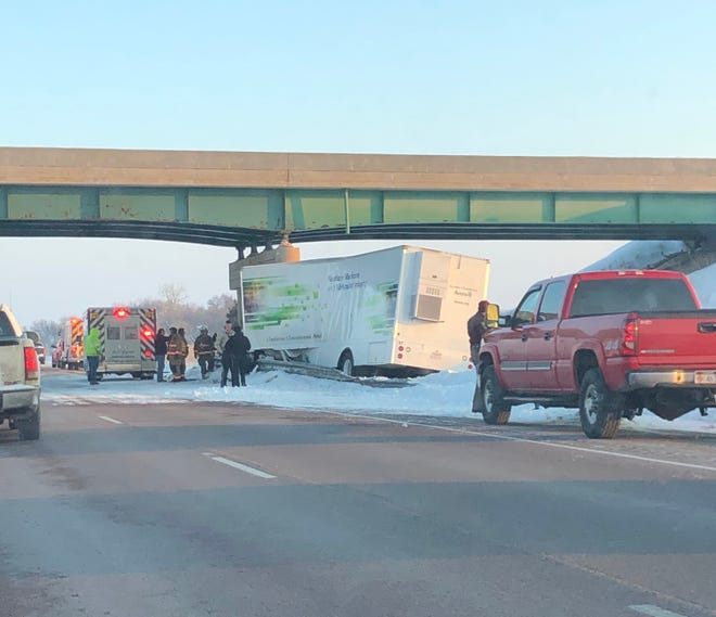 One person was killed after a semi-truck crashed into a bridge on Interstate 29 between the Baltic and Dell Rapids exits on Thursday, Feb. 21, 2019.
