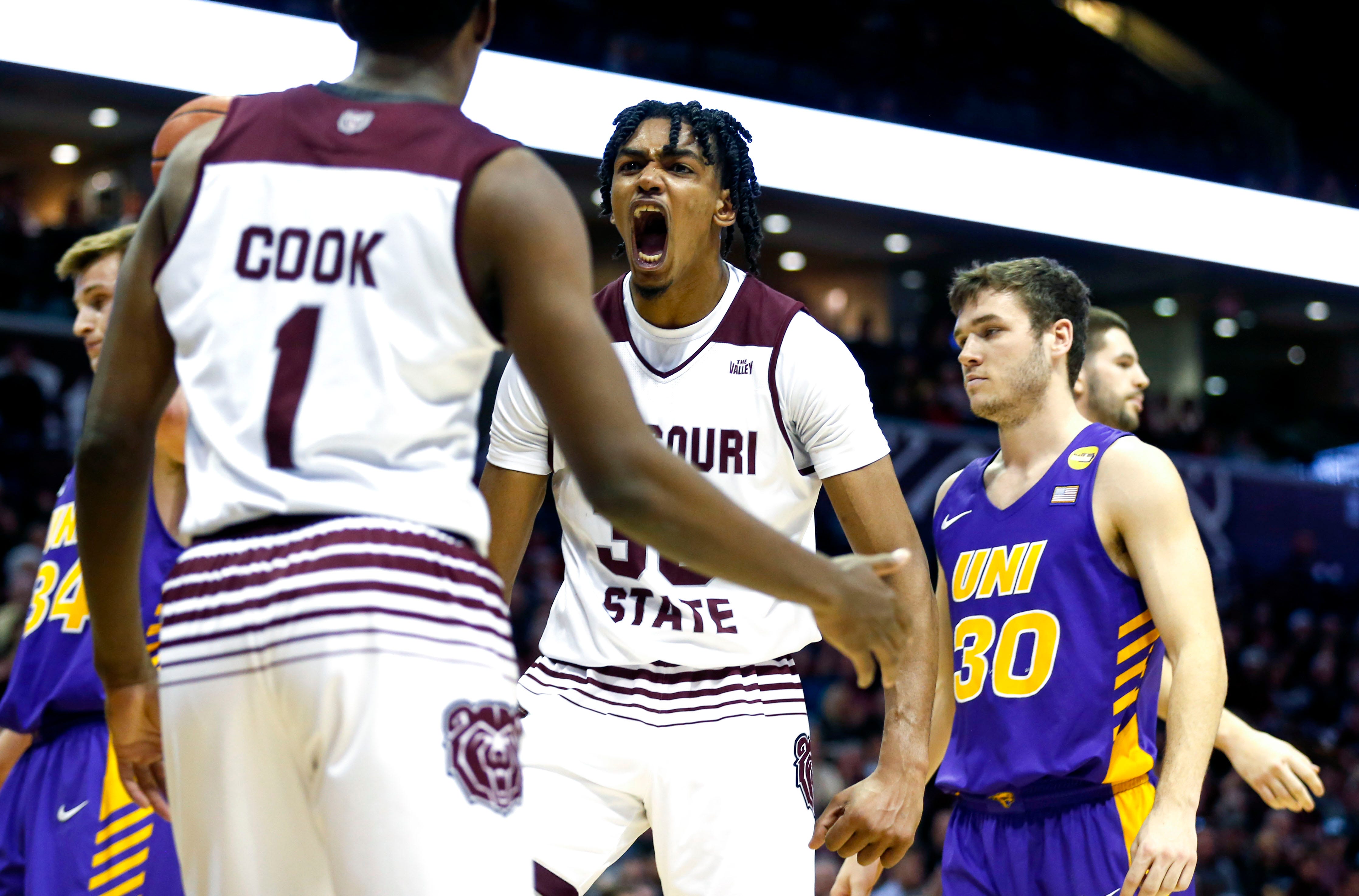 Missouri State's Tulio Da Silva reacts after teammate Keandre Cook drew a foul as the Bears take on the University of Northern Iowa Panthers at JQH Arena on Wednesday, Feb. 20, 2019.