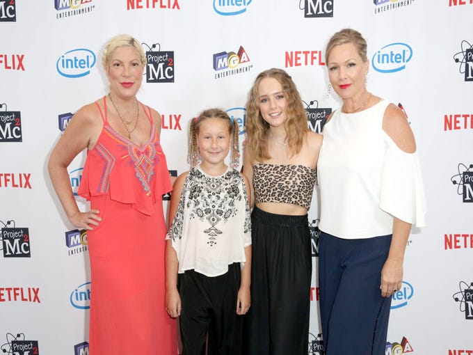 Actress Tori Spelling (L), daughter Stella McDermott and Jennie Garth (R) and daughter Lola Ray Facinelli attend the Netflix Series "Project Mc2" Part 5 Premiere hosted by Jennie Garth and MGA Entertainment at The London West Hollywood on September 7, 2017 in West Hollywood, California.