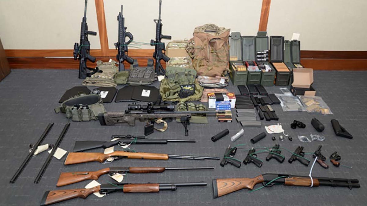 Weapons seized at the Silver Spring, Maryland, home of US Coast Guard officer Christopher Paul Hasson. He espoused white supremacist views and drafted a target list of Democratic politicians and prominent media figures and was arrested on firearms and drug charges on Feb. 15, 2019.