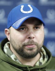 Indianapolis Colts assistant offensive line coach Klayton Adams talks to the media at the Colts Complex on Tuesday, Feb 19., 2018.