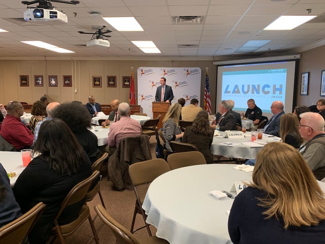 JMCSS Chief Academic Officer Jared Myracle discusses the LAUNCH program to local business and education leaders and elected officials earlier this month.