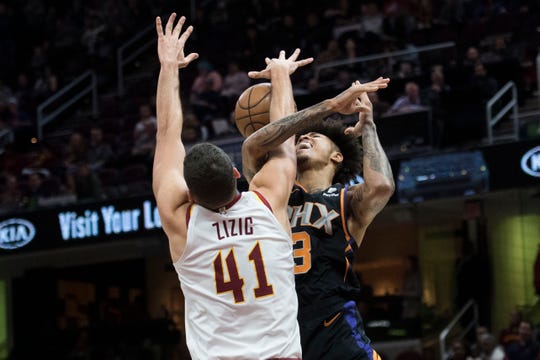 Feb 21, 2019; Cleveland, OH, USA; Cleveland Cavaliers center Ante Zizic (41) blocks a shot by Phoenix Suns forward Kelly Oubre Jr. (3) during the first half at Quicken Loans Arena. Mandatory Credit: Ken Blaze-USA TODAY Sports