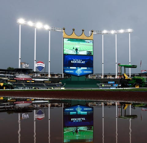 Kansas City's Kauffman Stadium during a rain...